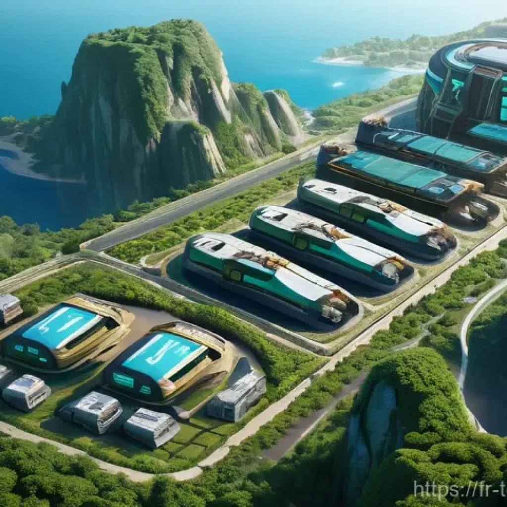 top war 전쟁 시뮬레이션 기본 - **A highly optimized and bustling futuristic military base on a lush, verdant island in *Top War*'s ...