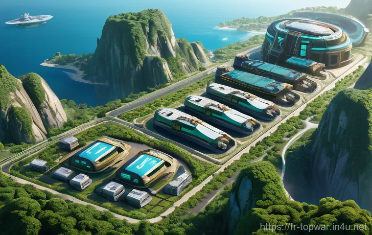 top war 전쟁 시뮬레이션 기본 - **A highly optimized and bustling futuristic military base on a lush, verdant island in *Top War*'s ...