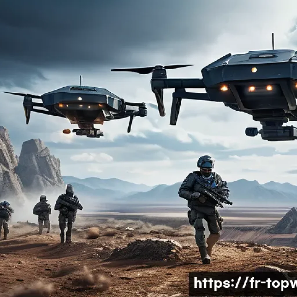 top war 실시간 업데이트 소식 - A futuristic battlefield scene featuring advanced strategic units in action: sleek reconnaissance dr...