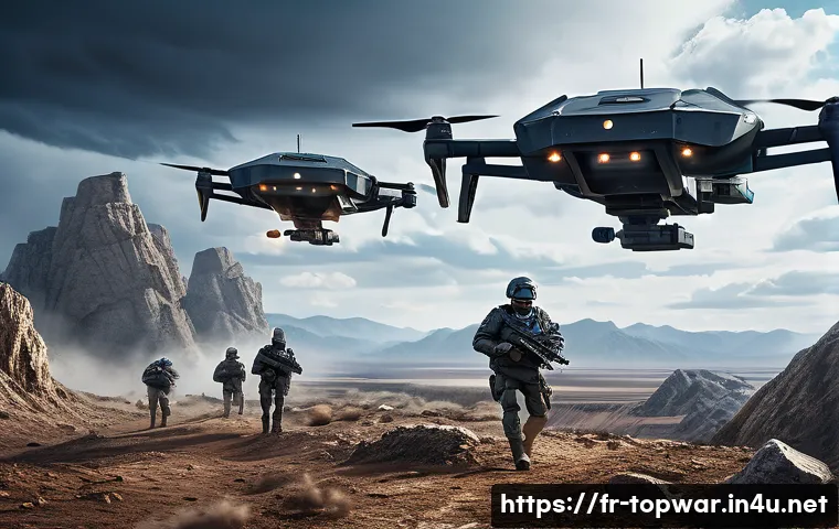 top war 실시간 업데이트 소식 - A futuristic battlefield scene featuring advanced strategic units in action: sleek reconnaissance dr...