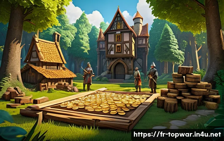 top war 초보자 실수 피하기 - A detailed digital illustration of a medieval fantasy city-building game interface focused on resour...
