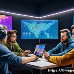 Home 21 top war 커뮤니티 활용법 - A vibrant digital art scene depicting a diverse group of players engaging in a lively Discord chat a...