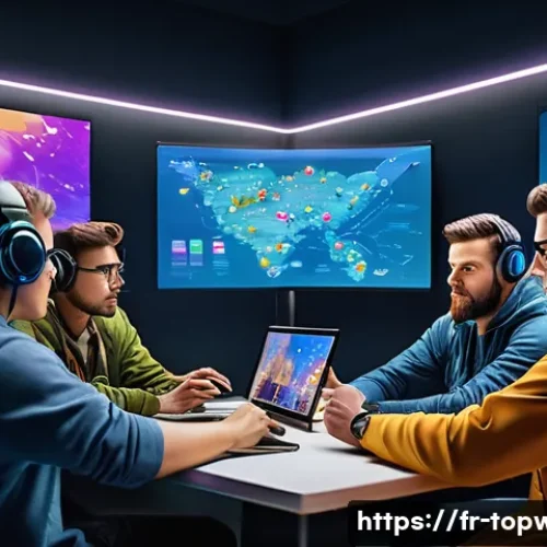 Home 33 top war 커뮤니티 활용법 - A vibrant digital art scene depicting a diverse group of players engaging in a lively Discord chat a...