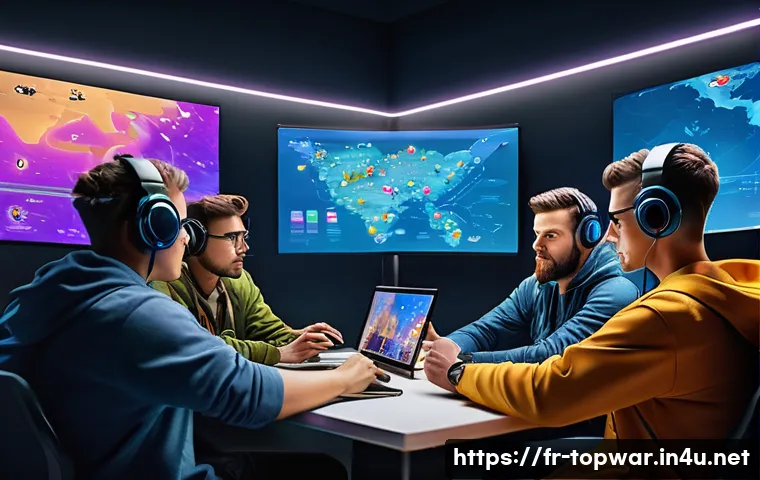 top war 커뮤니티 활용법 - A vibrant digital art scene depicting a diverse group of players engaging in a lively Discord chat a...