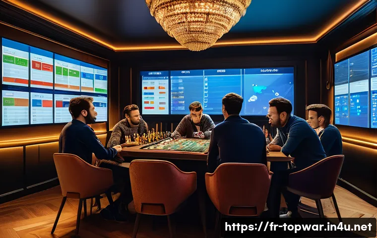 top war 이벤트 아이템 획득법 - A detailed scene of a strategic gaming session featuring a diverse group of French players gathered ...