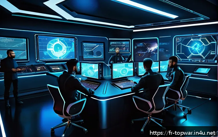 top war 골드 획득 방법 - A vibrant, detailed digital illustration of a futuristic alliance war room in a sci-fi strategy game...