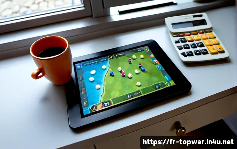 top war 영웅 포인트 최적화 - Photorealistic overhead view of a French mobile strategy gamer’s organized desk, smartphone showing ...