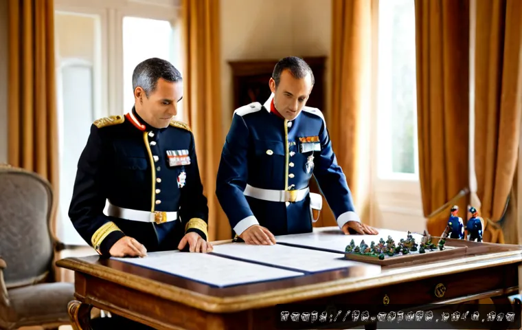 top war 계급별 특성 - Photorealistic tabletop strategy scene in a refined French home office, three distinct miniature mil...